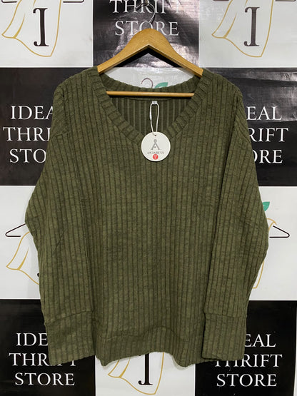 ANRABESS |L| BUST 22| A51| OLIVE GREEN V-NECK RIBBED TECHNICAL UTILITY PULLOVER SWEATER