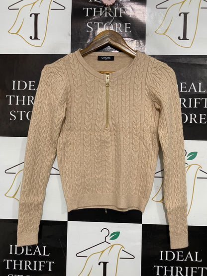 CHICME |M| BUST 16| A51| BEIGE CABLE-KNIT HALF-ZIP TECHNICAL UTILITY SWEATER