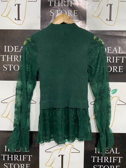 RIVER ISLAND |M| BUST 11| A51| EMERALD GREEN LACE-ACCENT MOCK-NECK TECHNICAL UTILITY TOP