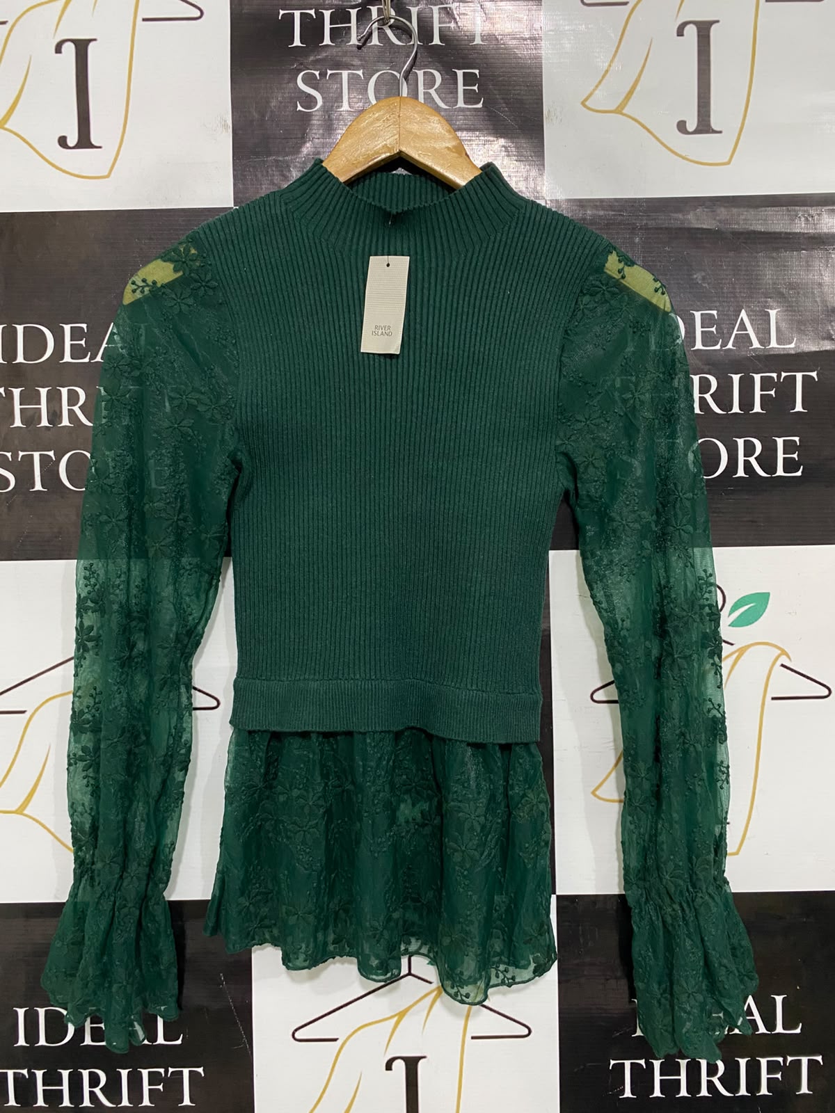 RIVER ISLAND |M| BUST 11| A51| EMERALD GREEN LACE-ACCENT MOCK-NECK TECHNICAL UTILITY TOP