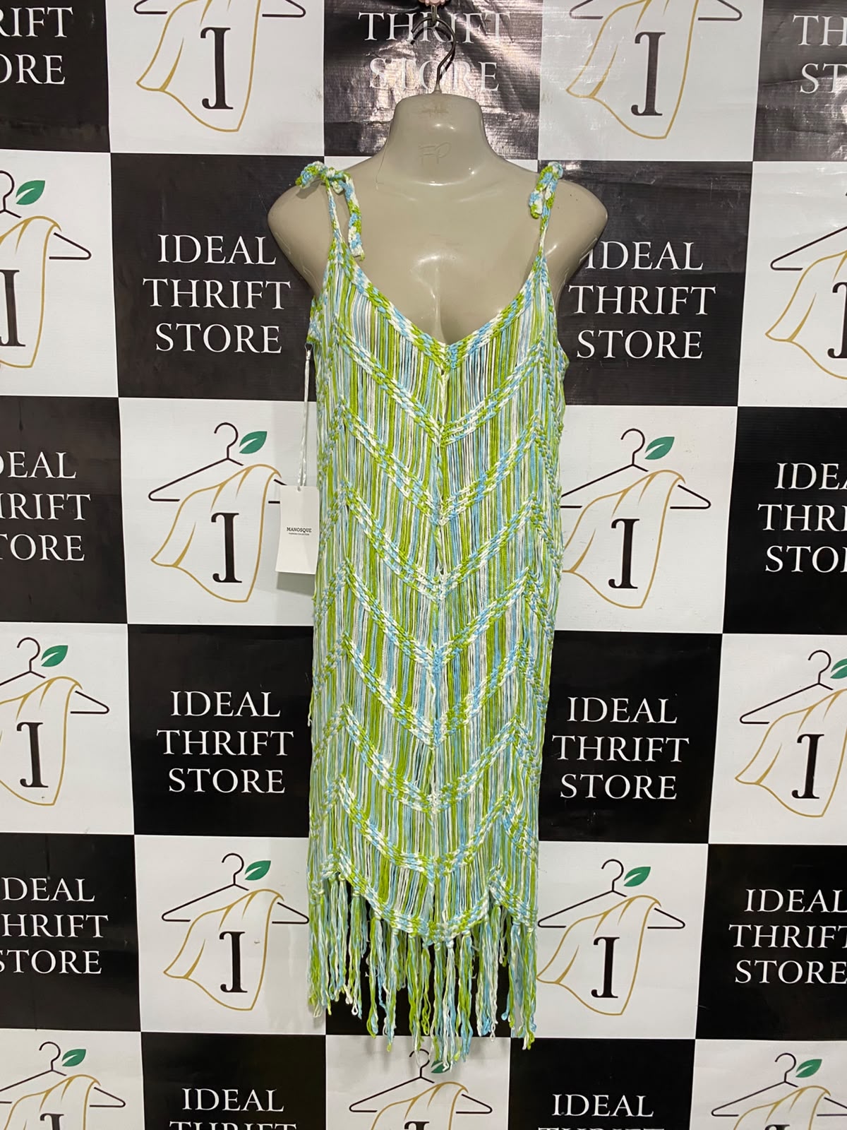 MANOSQUE |M| BUST 17| A51| MULTICOLOR CROCHET FRINGE TIE-STRAP TECHNICAL UTILITY BEACH DRESS