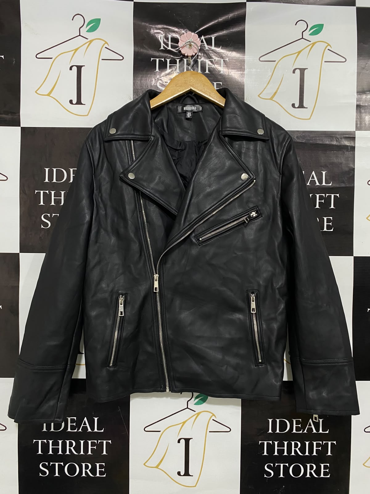 MISSGUIDED |M| BUST 20| A51| BLACK FAUX-LEATHER BIKER TECHNICAL UTILITY JACKET