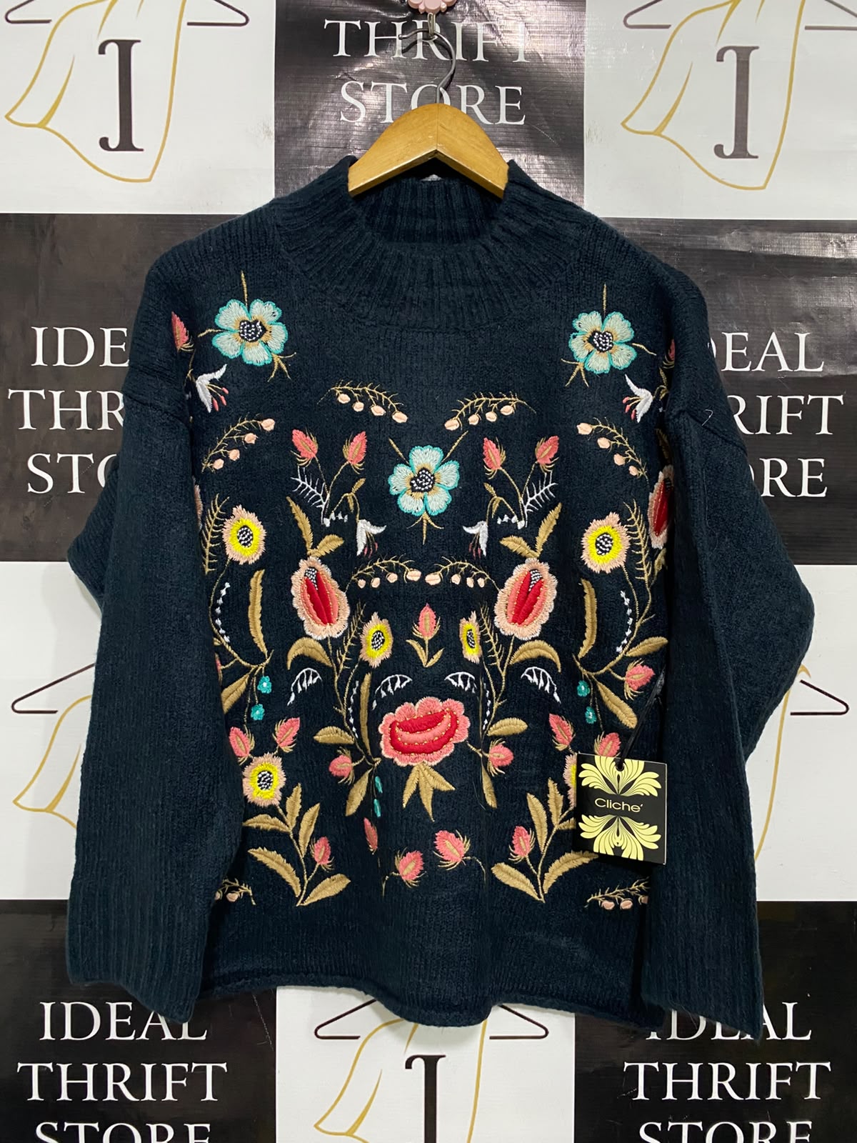 CLICHE |L| BUST 22| A51| BLACK FLORAL EMBROIDERED MOCK-NECK TECHNICAL UTILITY SWEATER