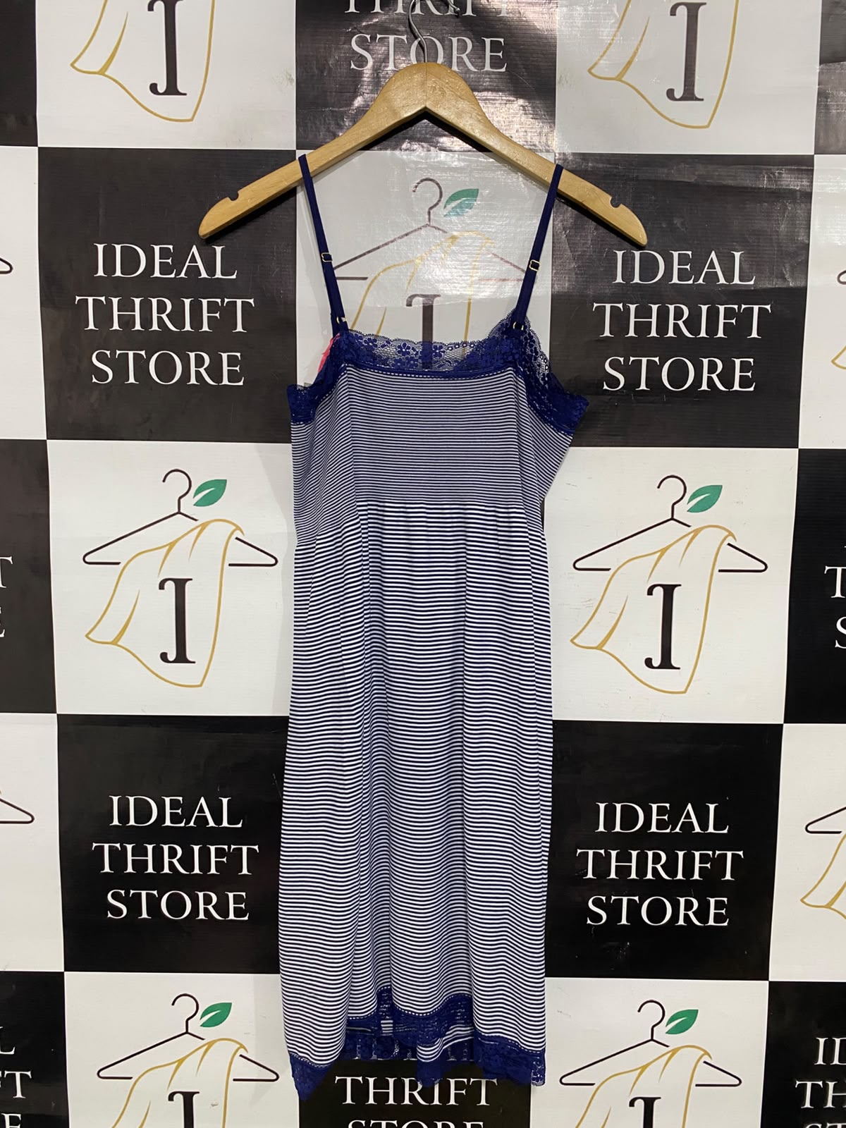 SECRET POSSESSIONS |XL| BUST 15| A51| NAVY-AND-WHITE STRIPED LACE-TRIM TECHNICAL UTILITY SLIP DRESS