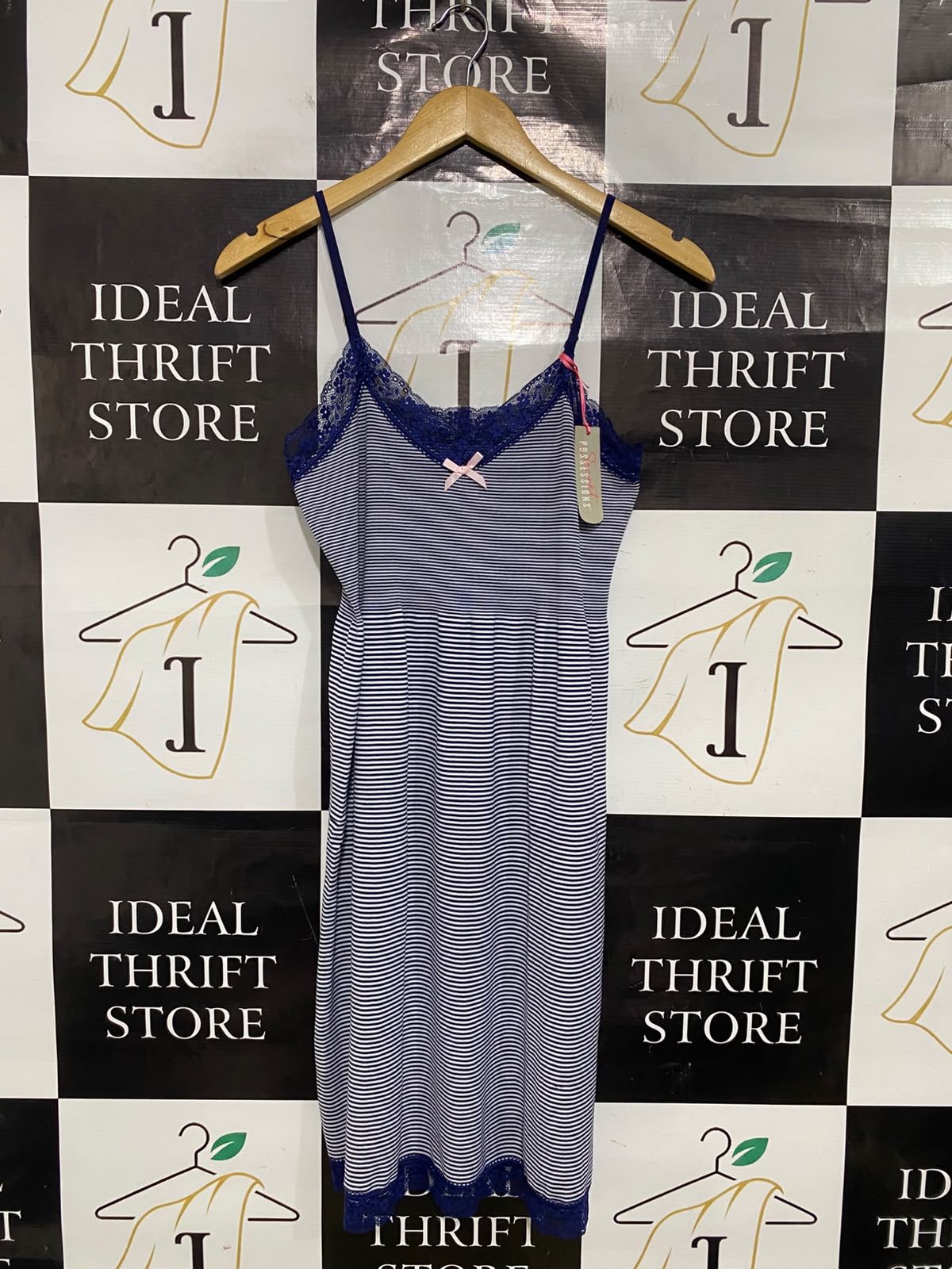 SECRET POSSESSIONS |XL| BUST 15| A51| NAVY-AND-WHITE STRIPED LACE-TRIM TECHNICAL UTILITY SLIP DRESS