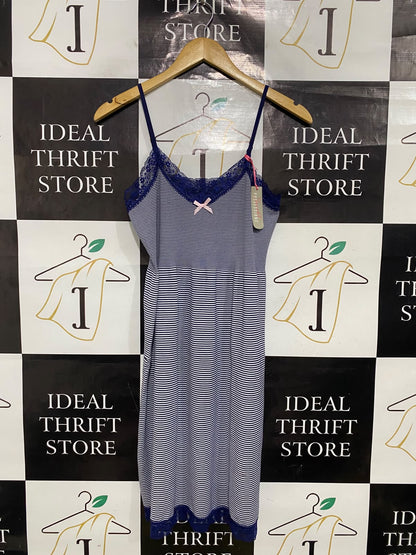 SECRET POSSESSIONS |XL| BUST 15| A51| NAVY-AND-WHITE STRIPED LACE-TRIM TECHNICAL UTILITY SLIP DRESS
