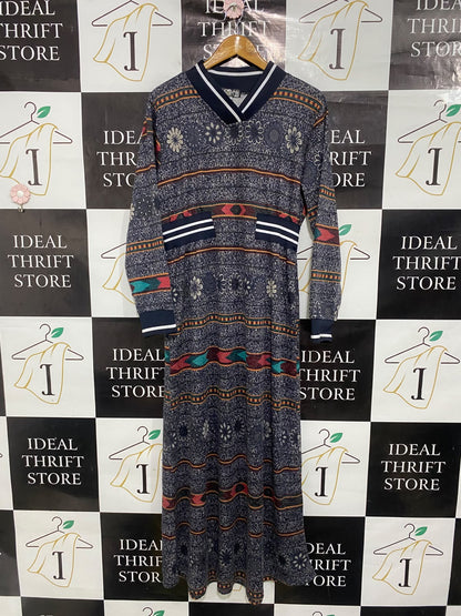 QP |L| BUST 19| A51| NAVY PRINTED LONG-SLEEVE TECHNICAL UTILITY MAXI DRESS