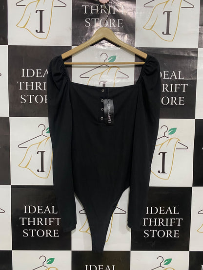 I SAW IT FIRST |M| BUST 16| A51| BLACK SQUARE-NECK PUFF-SLEEVE TECHNICAL UTILITY BODYSUIT