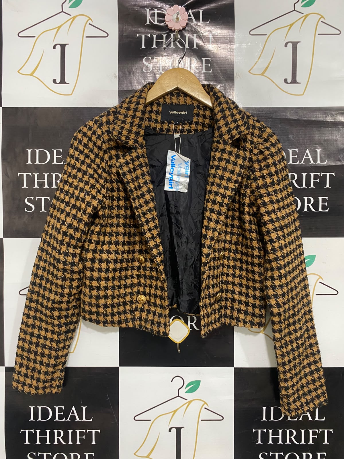 VALLEY GIRL |M| BUST 19| A51| BROWN AND BLACK HOUNDSTOOTH CROPPED TECHNICAL UTILITY BLAZER