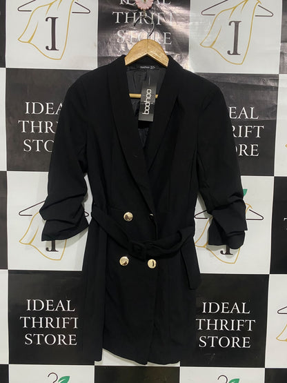 BOOHOO |M| BUST 17| A51| BLACK DOUBLE-BREASTED BELTED TECHNICAL UTILITY BLAZER DRESS