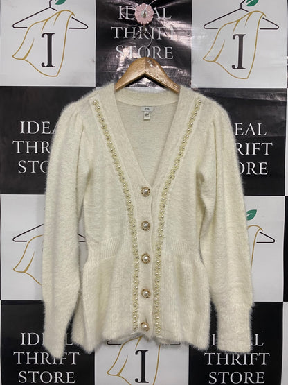 RIVER ISLAND |S| BUST 15| A51| CREAM PEARL-EMBELLEISHED FLUFFY BUTTON-UP TECHNICAL UTILITY CARDIGAN