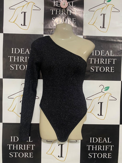 PRIMARK |S| BUST 15| A51| BLACK GLITTER ONE-SHOULDER TECHNICAL UTILITY BODYSUIT