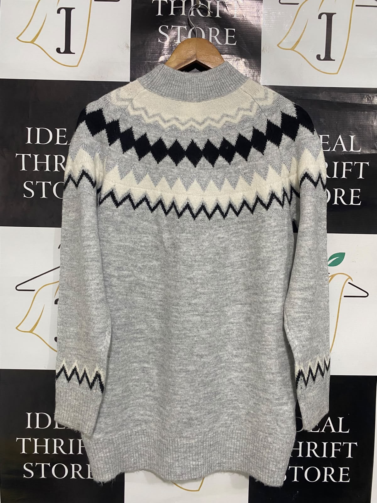PEPCO WOMAN |S| BUST 19| A51| GREY NORDIC FAIR ISLE MOCK-NECK TECHNICAL UTILITY SWEATER