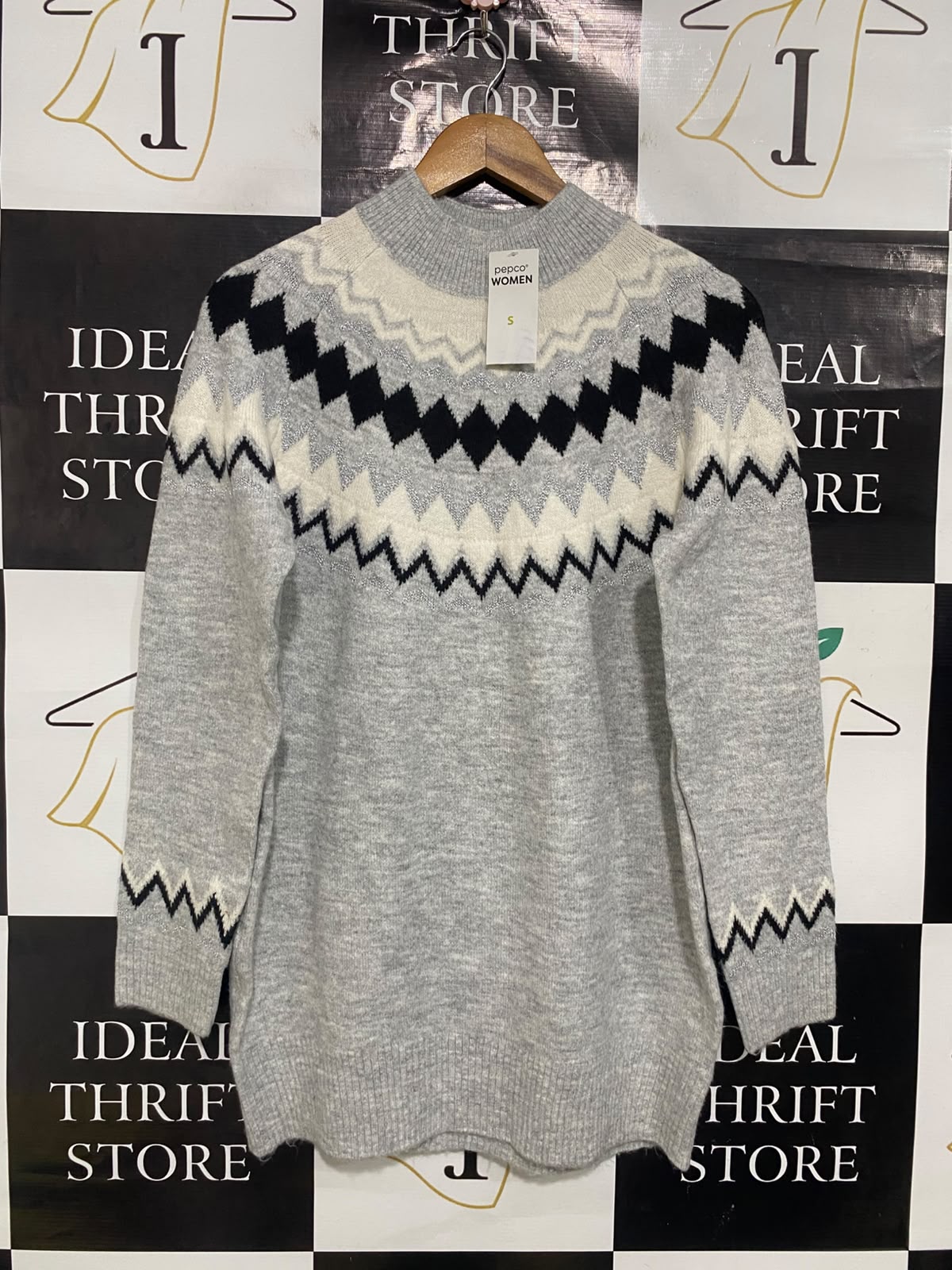 PEPCO WOMAN |S| BUST 19| A51| GREY NORDIC FAIR ISLE MOCK-NECK TECHNICAL UTILITY SWEATER