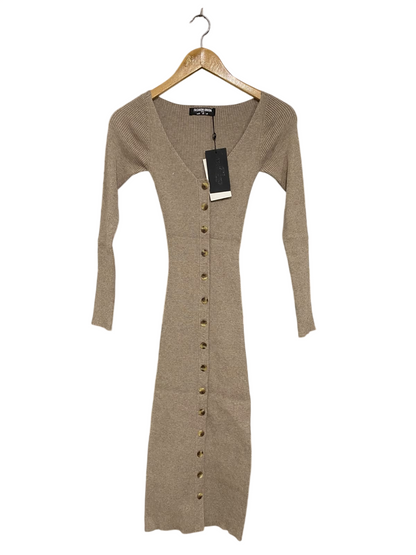 FASHION UNION |XS| BUST 10| A52| BEIGE FASHION UNION V-NECK BUTTON-FRONT RIBBED TECHNICAL UTILITY MIDI DRESS