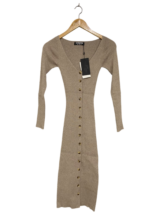 FASHION UNION |XS| BUST 10| A52| BEIGE FASHION UNION V-NECK BUTTON-FRONT RIBBED TECHNICAL UTILITY MIDI DRESS