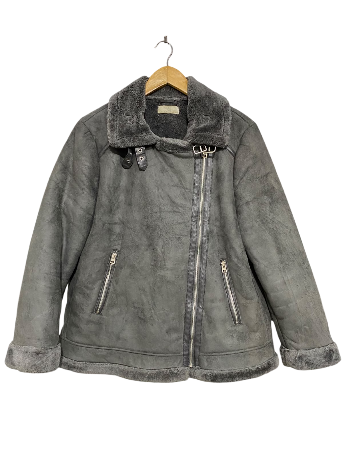 WALLIS |L| BUST 23| A52| CHARCOAL GREY FAUX-SHEARLING BUCKLED AVIATOR TECHNICAL UTILITY JACKET
