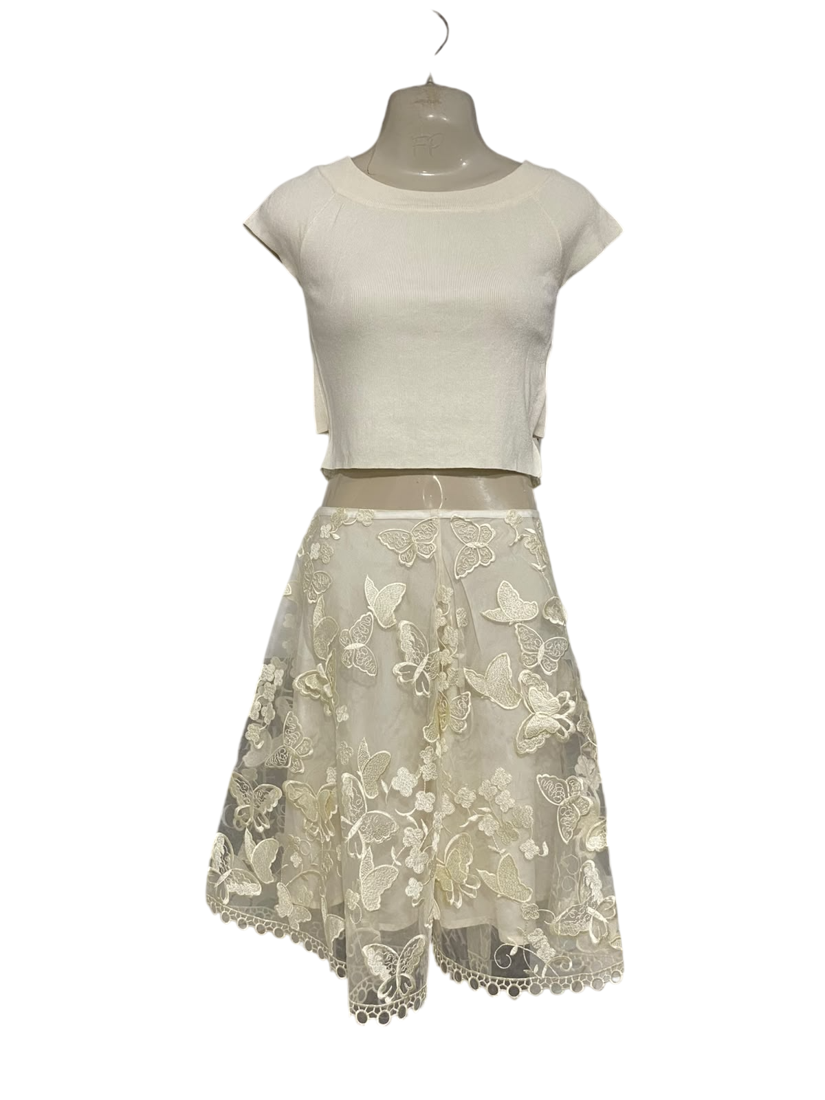 METISU |L| A52| CREAM BUTTERFLY-EMBROIDERED MESH TWO-PIECE TECHNICAL UTILITY DRESS SET