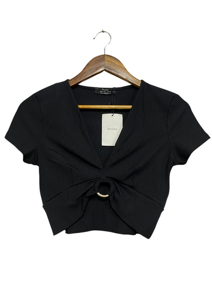 BERSHKA |S| BUST 14| A52| BLACK BERSHKA V-NECK O-RING FRONT TECHNICAL UTILITY CROP TOP