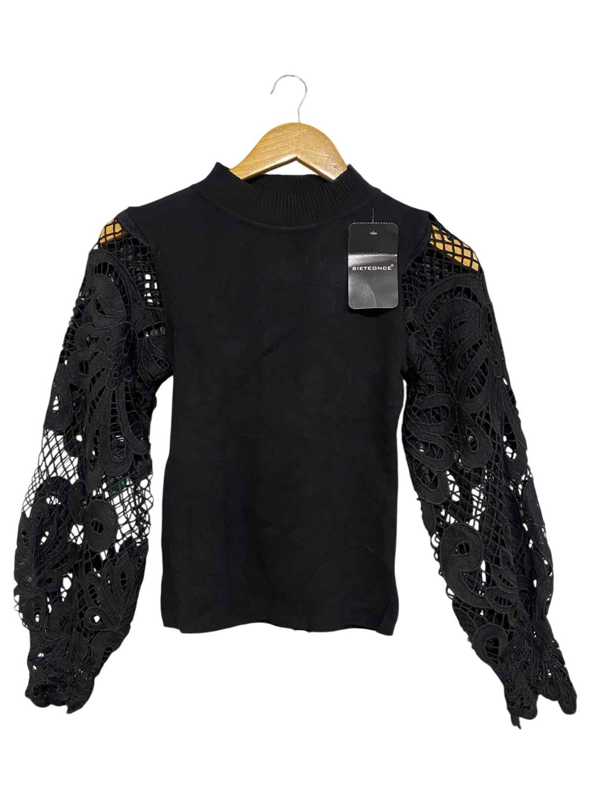 JEAN LOUIS FRANCOISE |S| BUST 14| A52| BLACK SIETEONCE MOCK-NECK LACE-SLEEVE TECHNICAL UTILITY PULLOVER TOP