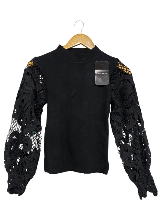 JEAN LOUIS FRANCOISE |S| BUST 14| A52| BLACK SIETEONCE MOCK-NECK LACE-SLEEVE TECHNICAL UTILITY PULLOVER TOP