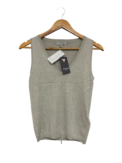 GUESS |XS| BUST 14| A52| BEIGE GUESS V-NECK SLEEVELESS RHINESTONE-EMBELLEISHED TECHNICAL UTILITY KNIT VEST