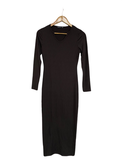 BOOHOO |S| BUST 16| A52| DARK BROWN V-NECK LONG-SLEEVE RIBBED TECHNICAL UTILITY MIDI DRESS
