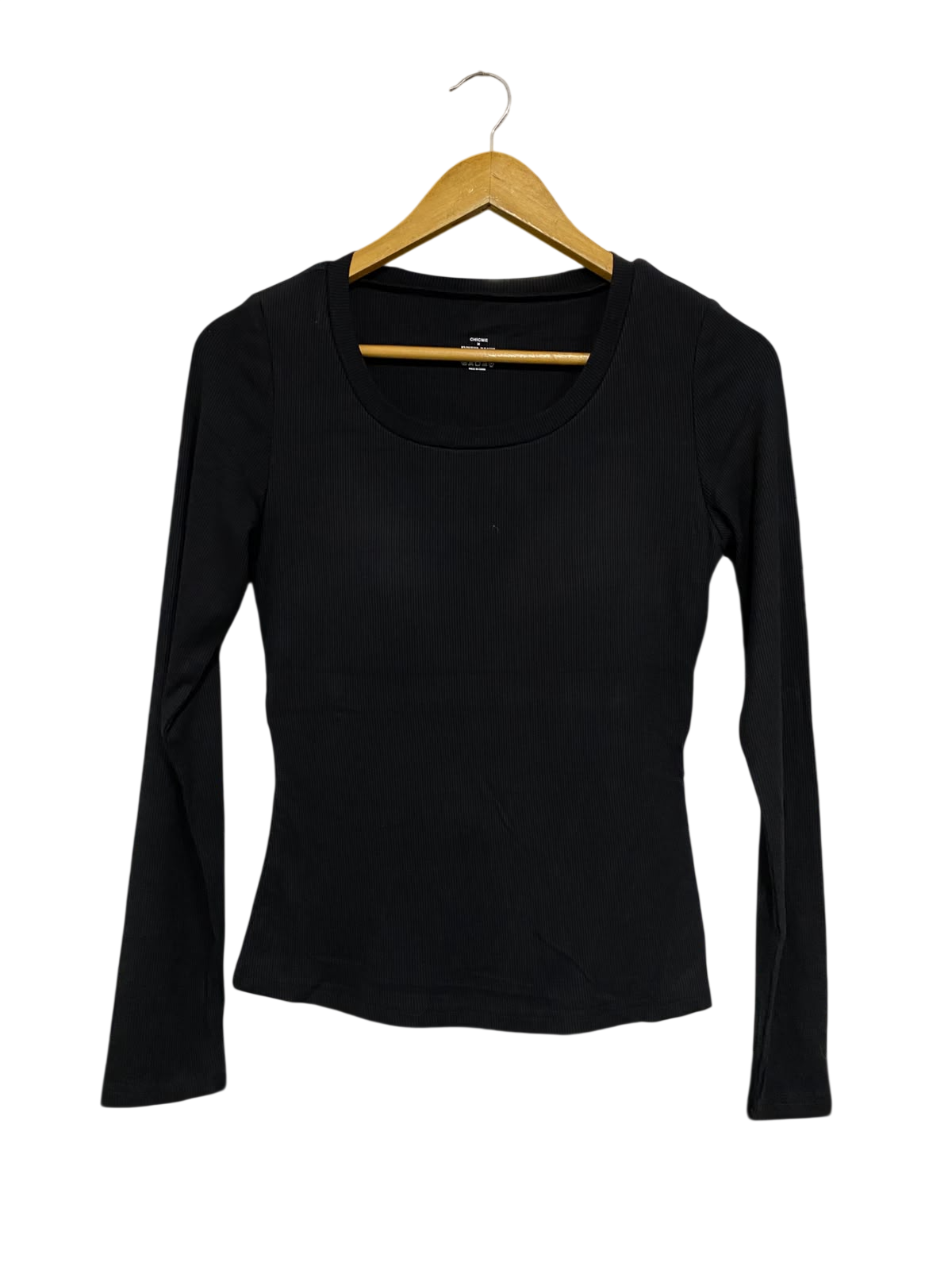 CHICHE |M| BUST 15| A52| BLACK RIBBED SCOOP-NECK LONG-SLEEVE TECHNICAL UTILITY TOP