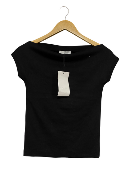 ZARA |M| BUST 15| A52| BLACK ZARA BOAT-NECK CAP-SLEEVE TECHNICAL UTILITY TOP