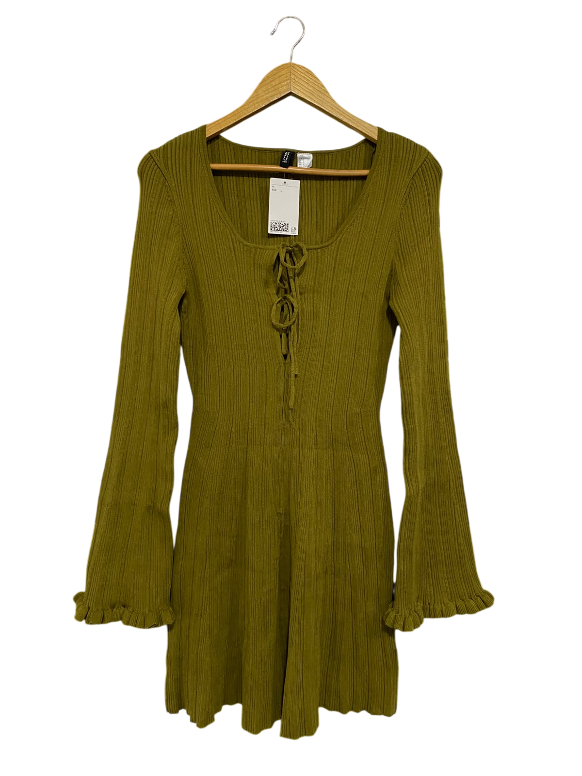 H&M |L| BUST 15| A52| OLIVE GREEN RIBBED TIE-FRONT BELL-SLEEVE TECHNICAL UTILITY DRESS
