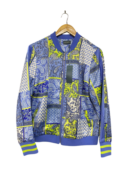 RUTH LANGSFORA |M| BUST 21| A53| BLUE AND LIME PATCHWORK PAISLEY FULL-ZIP TECHNICAL UTILITY BOMBER JACKET