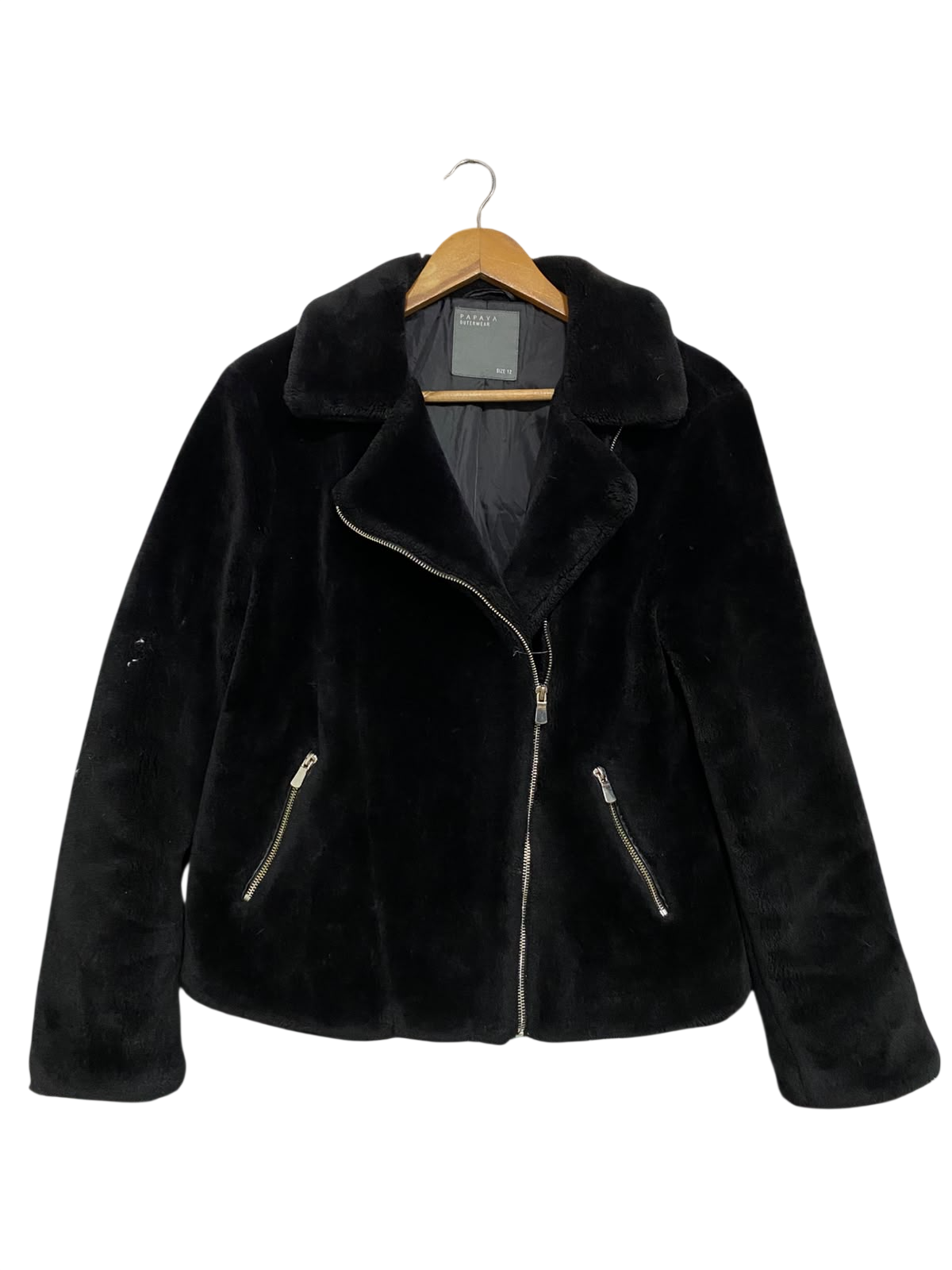 PAPAYA |M| BUST 21| A53| BLACK FAUX-FUR ASYMMETRIC BIKER-STYLE TECHNICAL UTILITY JACKET