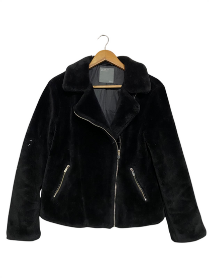 PAPAYA |M| BUST 21| A53| BLACK FAUX-FUR ASYMMETRIC BIKER-STYLE TECHNICAL UTILITY JACKET