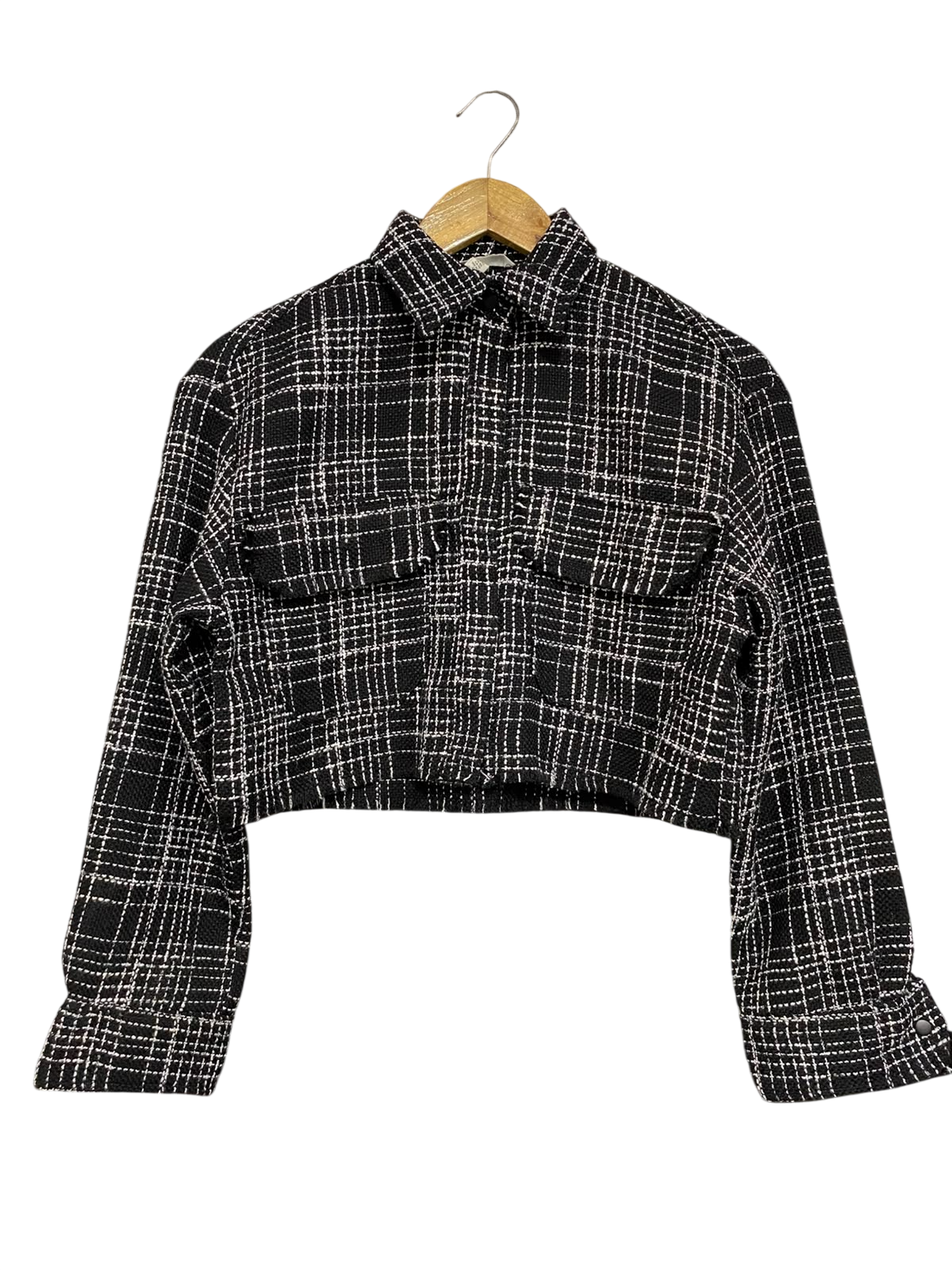 H&M |XS| BUST 19| A53| BLACK AND WHITE CHECKED TWEED CROPPED TECHNICAL UTILITY SHIRT JACKET