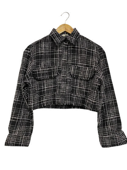 H&M |XS| BUST 19| A53| BLACK AND WHITE CHECKED TWEED CROPPED TECHNICAL UTILITY SHIRT JACKET