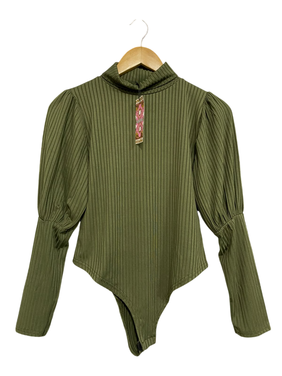 BOOHOO |M| BUST 16| A53| OLIVE GREEN  MOCK-NECK PUFF-SLEEVE TECHNICAL UTILITY BODYSUIT