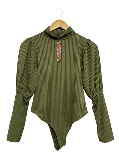 BOOHOO |M| BUST 16| A53| OLIVE GREEN  MOCK-NECK PUFF-SLEEVE TECHNICAL UTILITY BODYSUIT