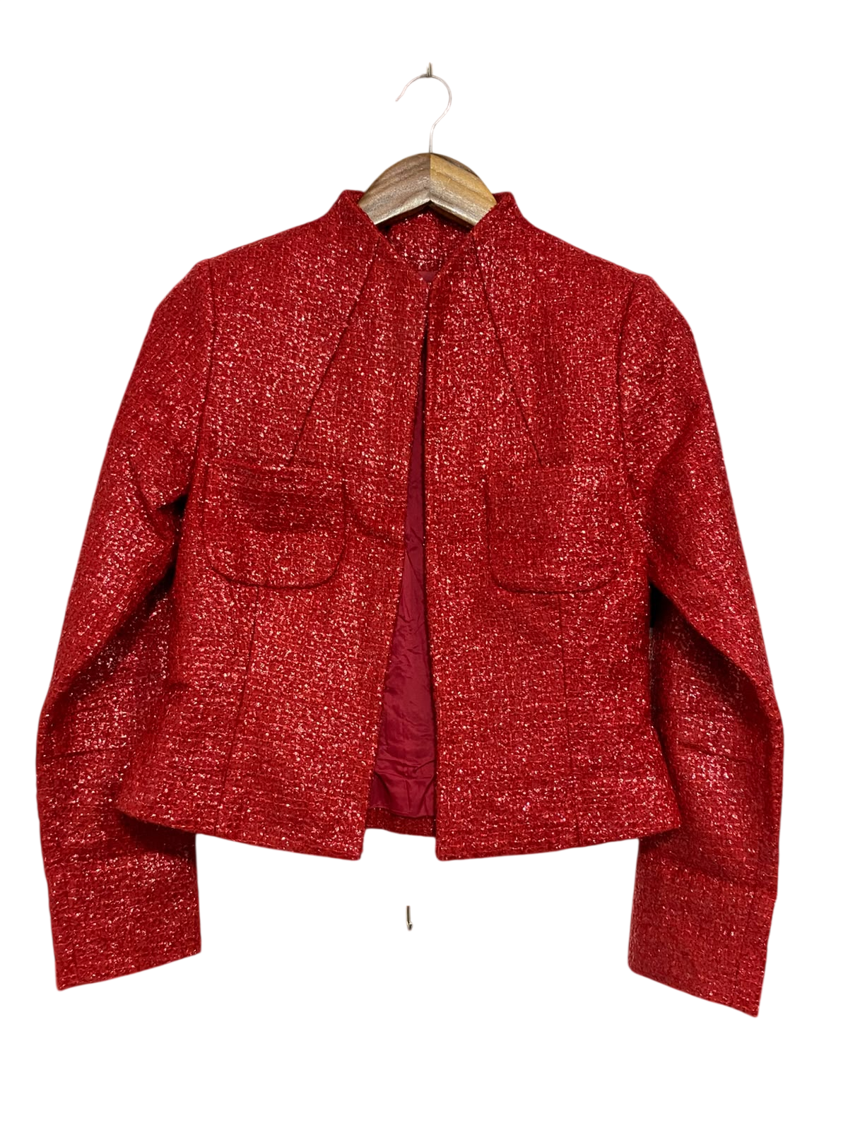 D DUE |S| BUST 17| A53| RED METALLIC TWEED OPEN-FRONT TECHNICAL UTILITY BLAZER