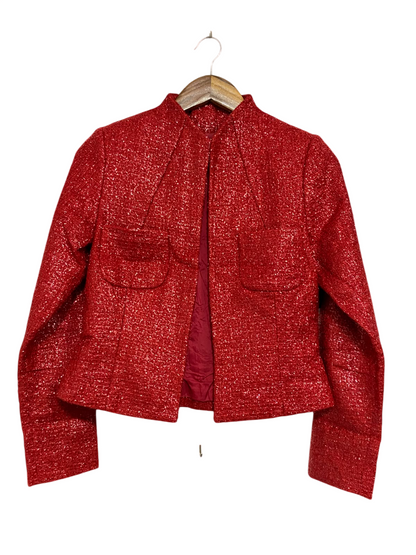 D DUE |S| BUST 17| A53| RED METALLIC TWEED OPEN-FRONT TECHNICAL UTILITY BLAZER