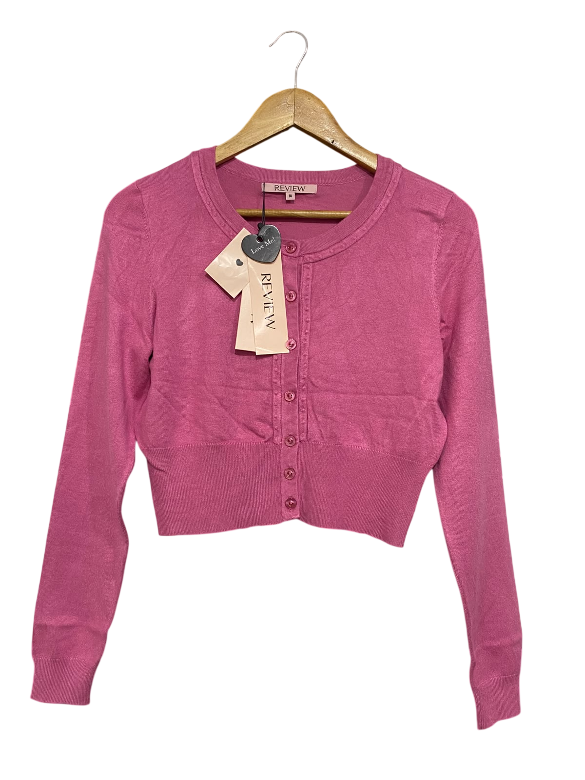 REVIEW |M| BUST 18| A53| PINK REVIEW CREW-NECK CROPPED BUTTON-FRONT TECHNICAL UTILITY CARDIGAN