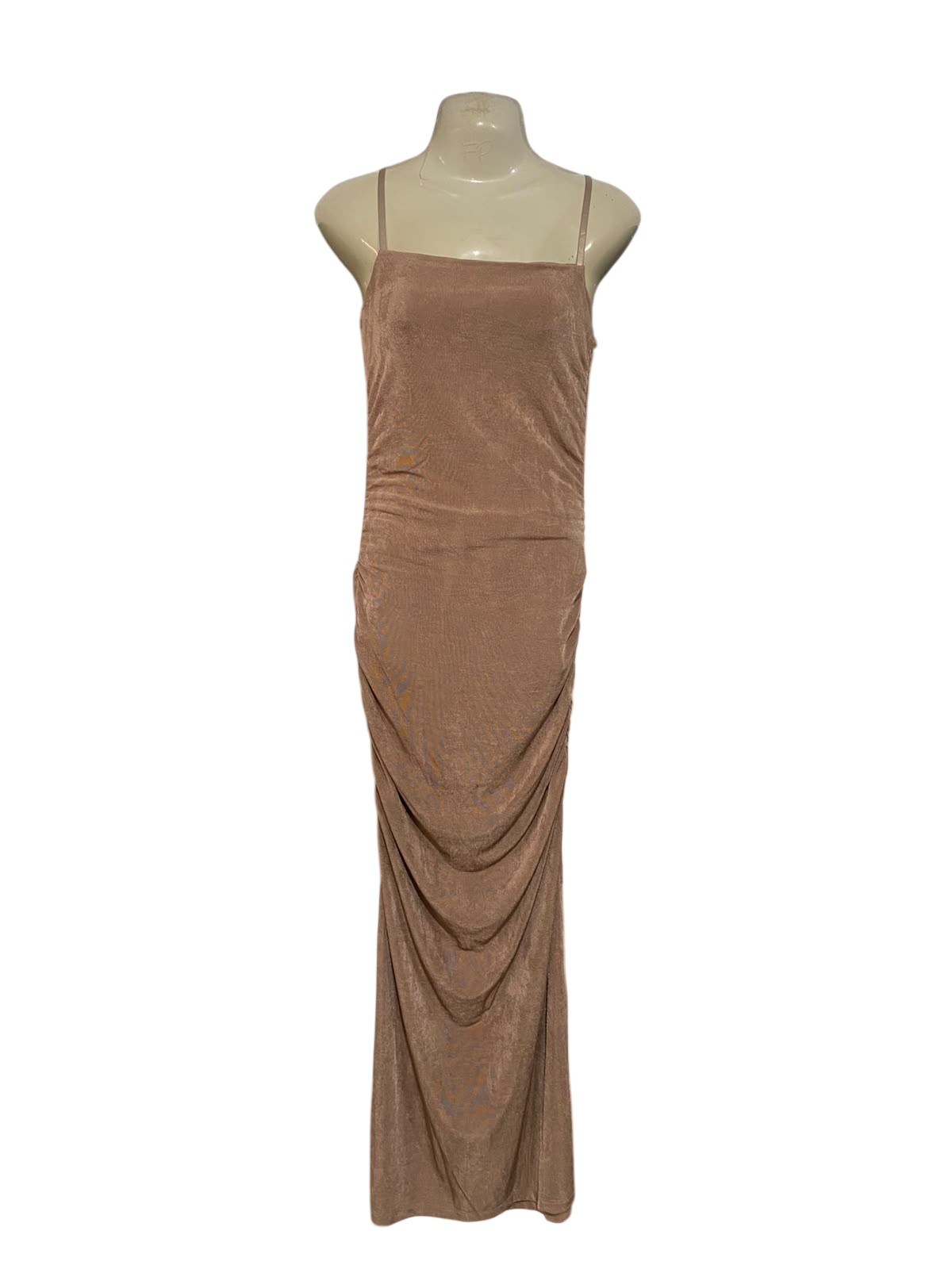 GLASSONS |S| BUST 15| A53|NUDE SHIMMER COWL-NECK RUCHED TECHNICAL UTILITY MAXI DRESS