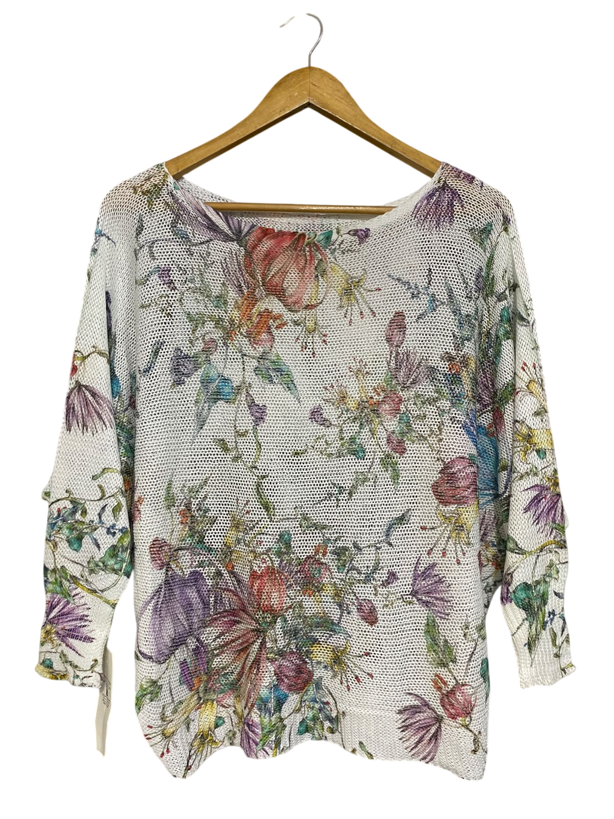 SENZA NOME |L| BUST 28| A53| WHITE FLORAL MESH BOAT-NECK TECHNICAL UTILITY OVERSIZED TOP
