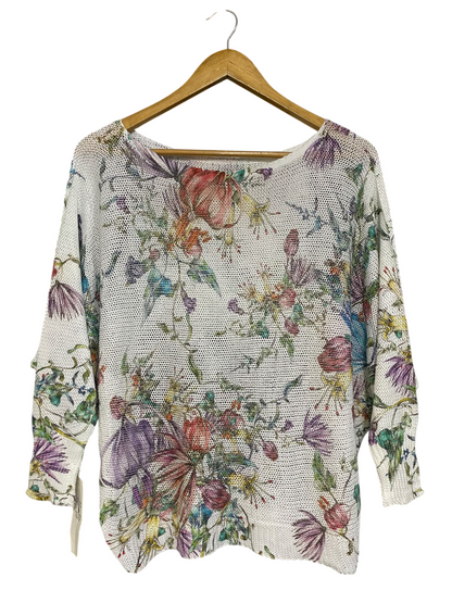 SENZA NOME |L| BUST 28| A53| WHITE FLORAL MESH BOAT-NECK TECHNICAL UTILITY OVERSIZED TOP
