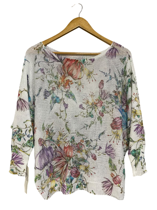 SENZA NOME |L| BUST 28| A53| WHITE FLORAL MESH BOAT-NECK TECHNICAL UTILITY OVERSIZED TOP