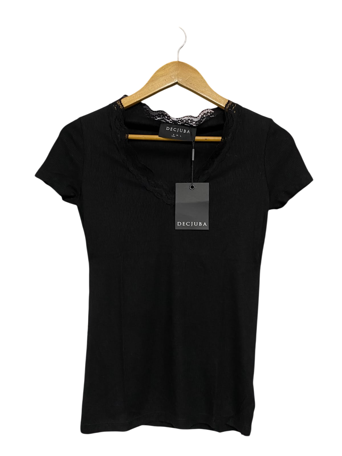 DECJUBA |S| BUST 15| A53| BLACK DECJUBA LACE-TRIM RIBBED TECHNICAL UTILITY T-SHIRT