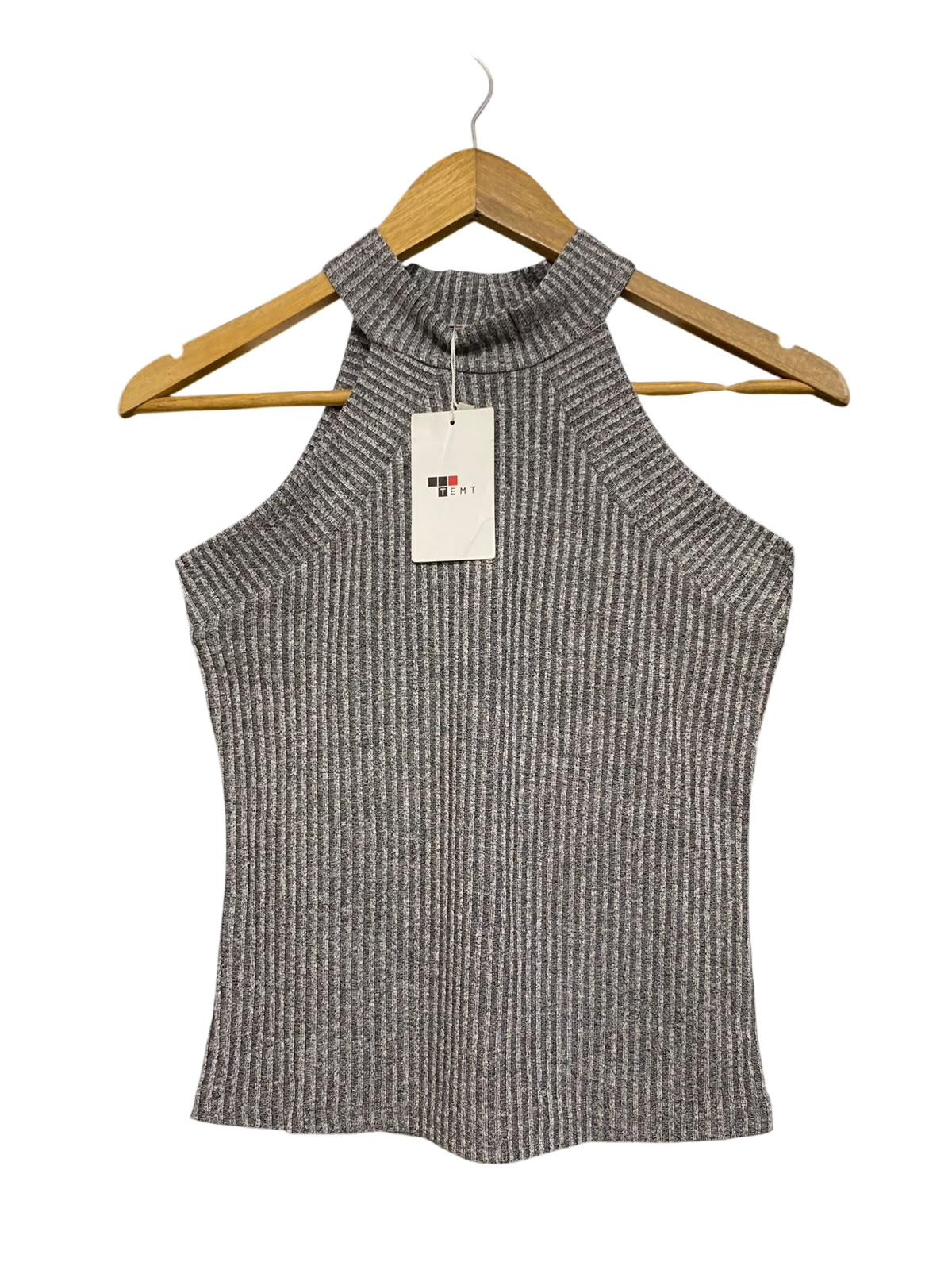 TEMT |S| BUST 15| A53| GREY RIBBED HALTER-NECK TEMT TECHNICAL UTILITY TOP