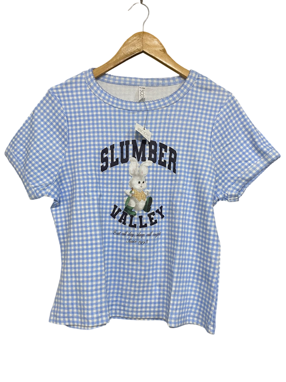 COTTON ON |M| BUST 19| A53| BLUE GINGHAM "SLUMBER VALLEY" BUNNY GRAPHIC TECHNICAL UTILITY T-SHIRT