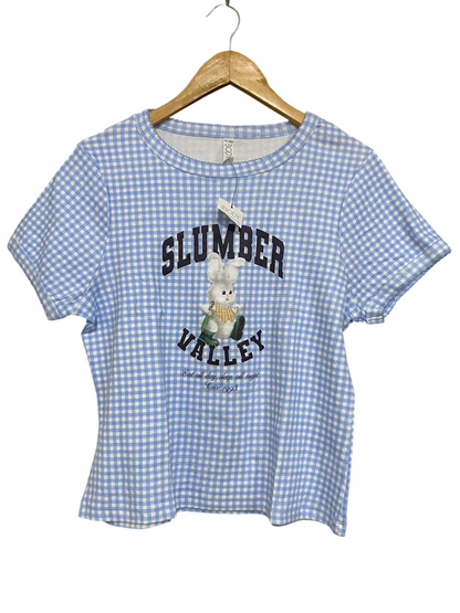COTTON ON |M| BUST 19| A53| BLUE GINGHAM "SLUMBER VALLEY" BUNNY GRAPHIC TECHNICAL UTILITY T-SHIRT