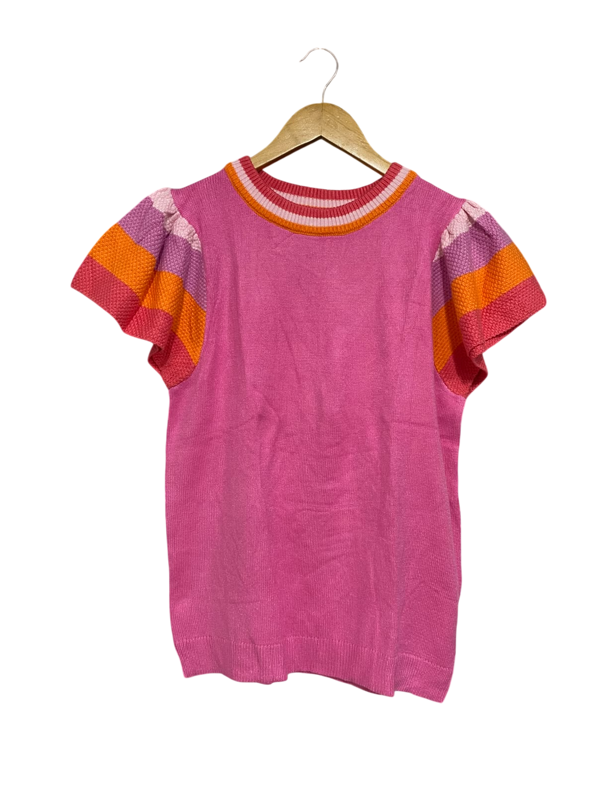 |S| BUST 18| A53| PINK MULTICOLOR STRIPED SLEEVE TECHNICAL UTILITY KNIT TOP