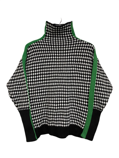 |L| BUST 21| A53| BLACK AND WHITE HOUNDSTOOTH GREEN-TRIM TURTLENECK TECHNICAL UTILITY SWEATER